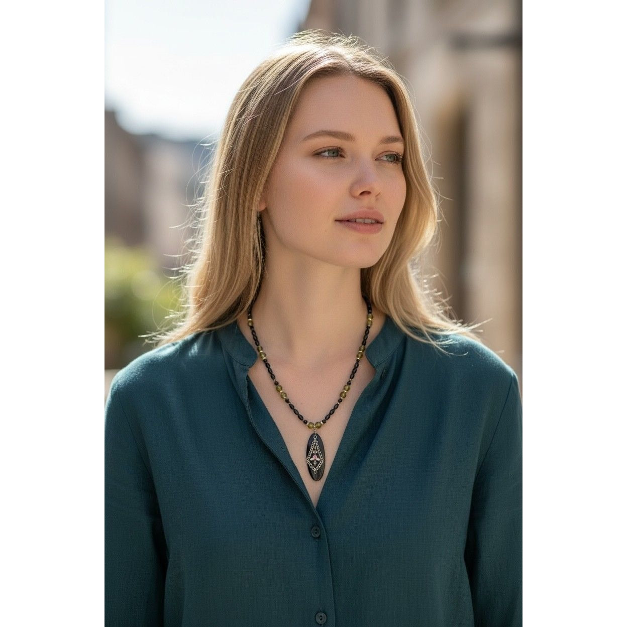 Black & Green Beaded Necklace With Oval Pendant & Rose Detail