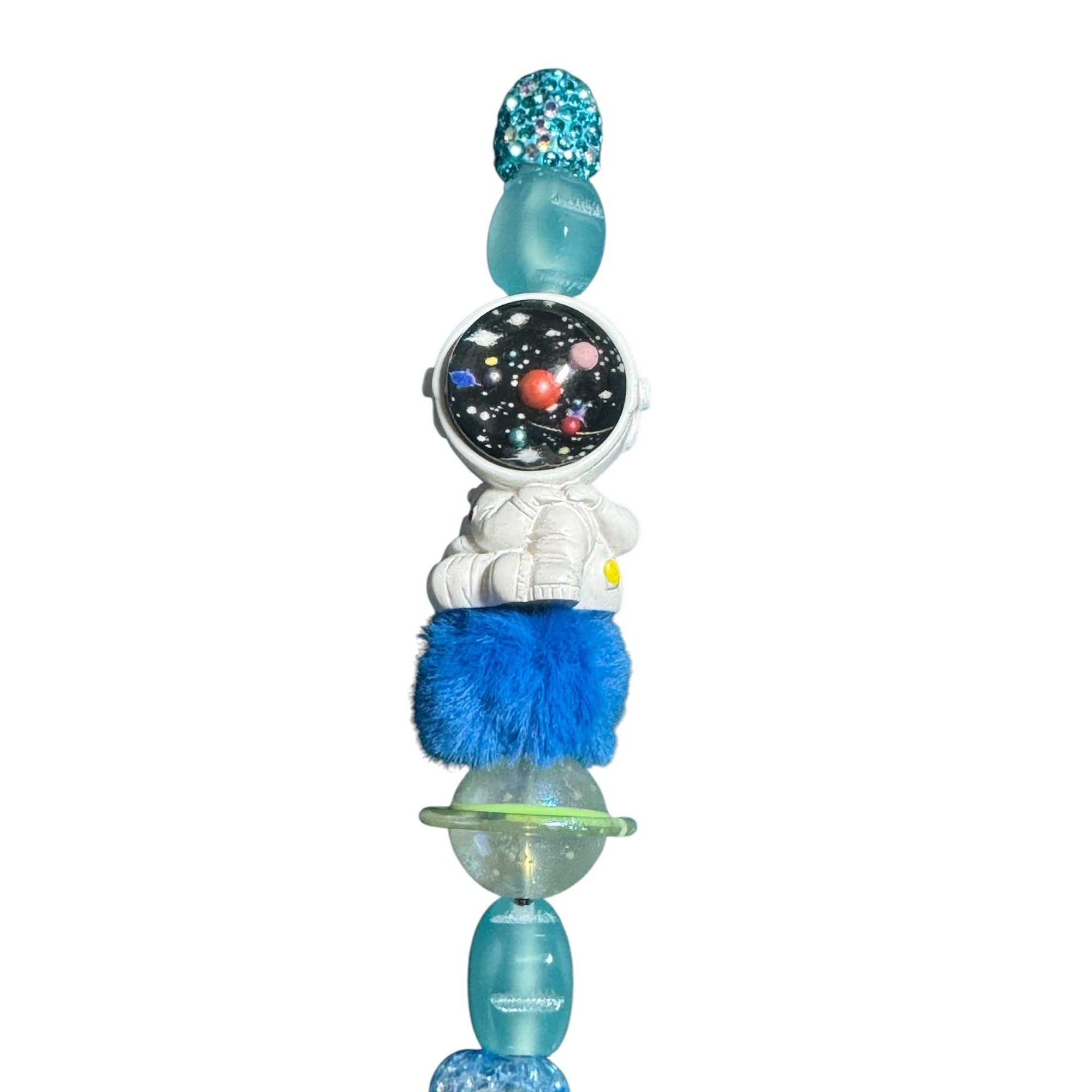 Astronaut-Themed Beaded Pen With Sparkling Blue Details & Planet Accents