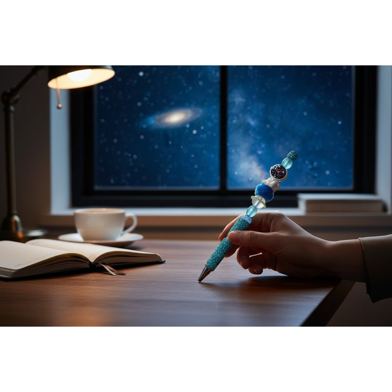 Astronaut-Themed Beaded Pen With Sparkling Blue Details & Planet Accents