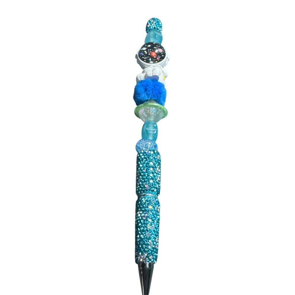 Astronaut-Themed Beaded Pen With Sparkling Blue Details & Planet Accents