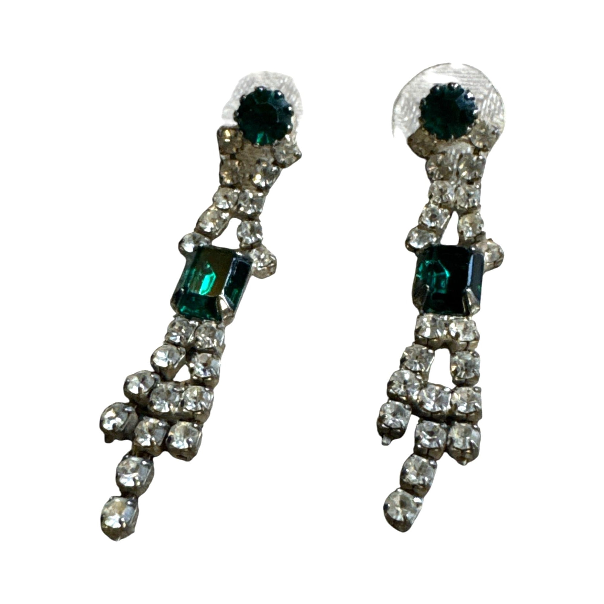 Vintage Emerald Green & Clear Rhinestone Dangle Drop Earrings For Women