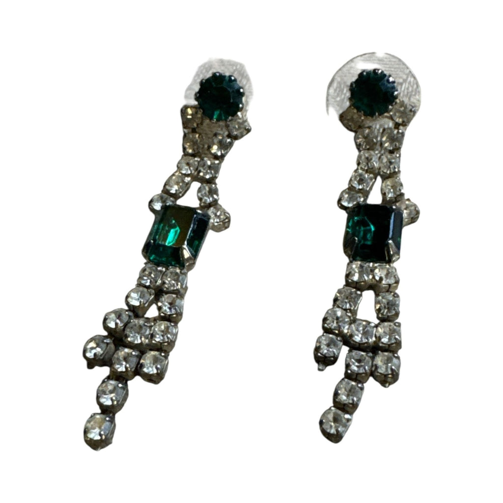 Vintage Emerald Green & Clear Rhinestone Dangle Drop Earrings For Women