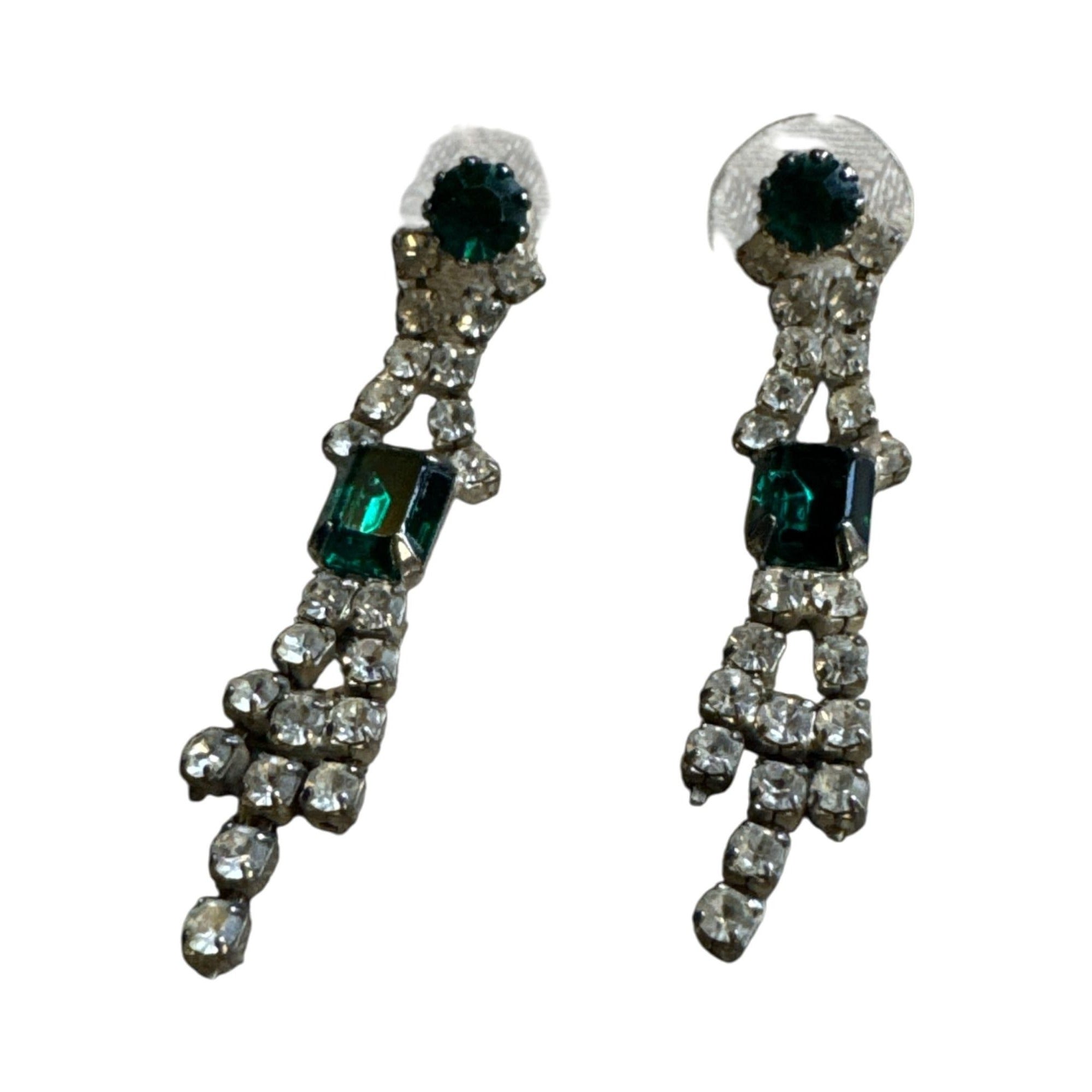Vintage Emerald Green & Clear Rhinestone Dangle Drop Earrings For Women