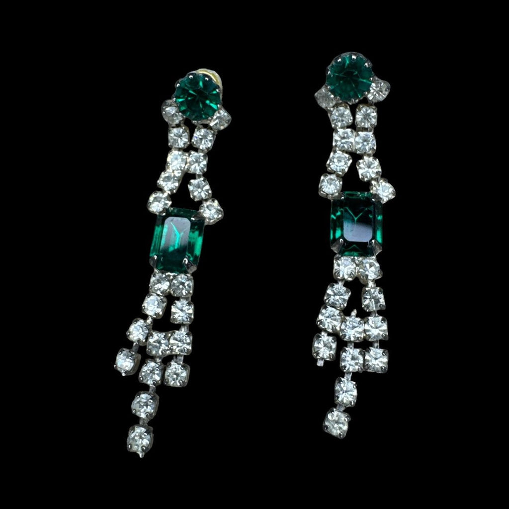 Vintage Emerald Green & Clear Rhinestone Dangle Drop Earrings For Women