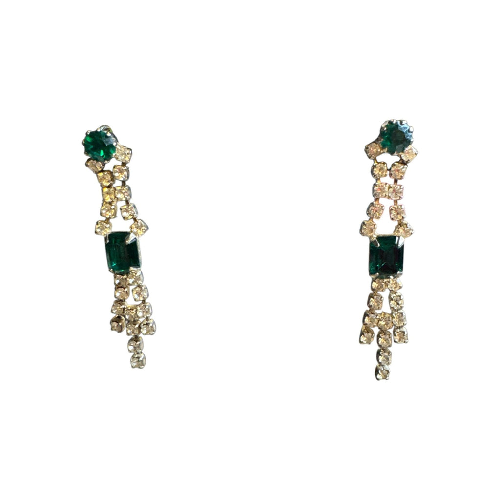 Vintage Emerald Green & Clear Rhinestone Dangle Drop Earrings For Women