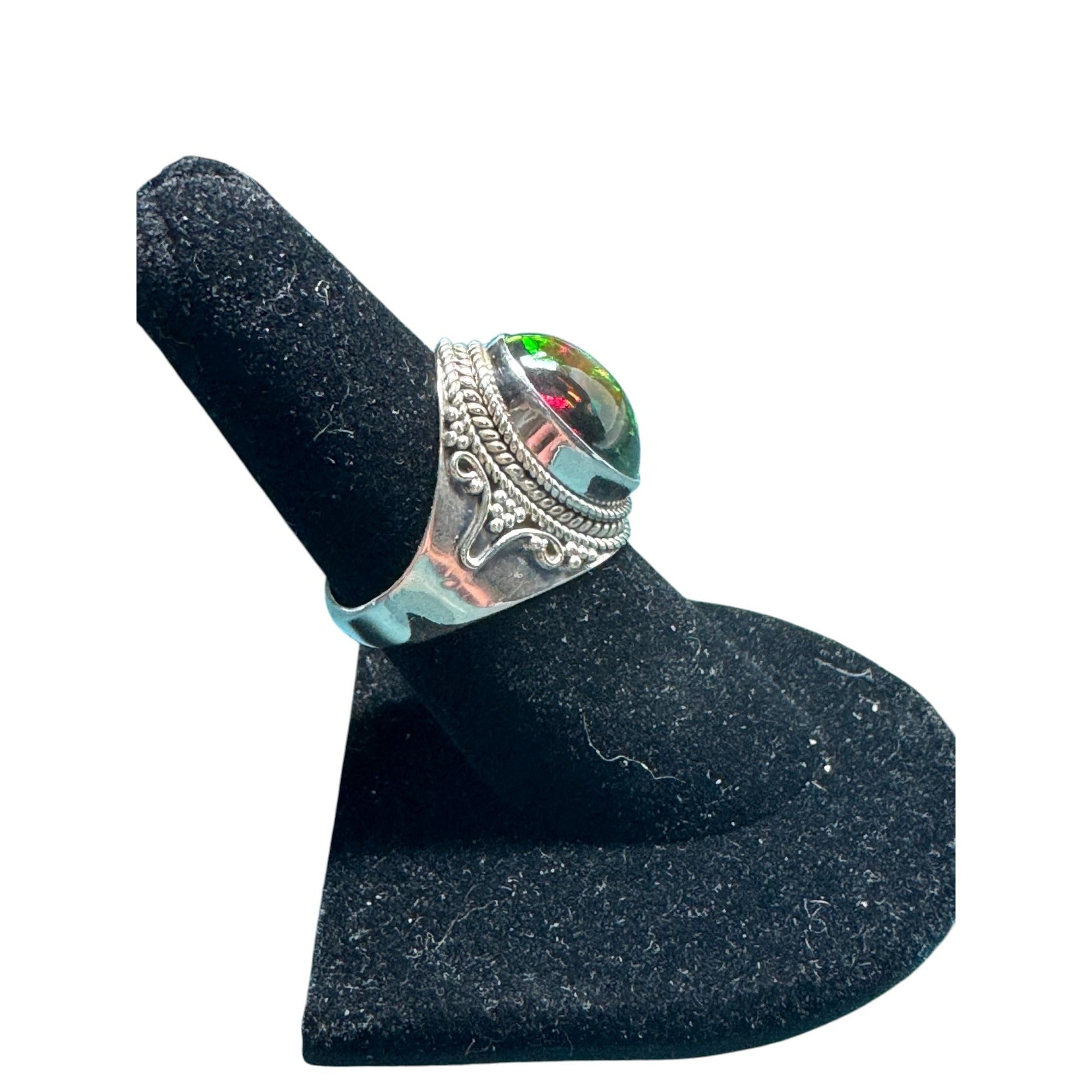 Vintage Sterling Silver Ring With Fiery Opal Gemstone Intricate Detailing Statement Jewelry