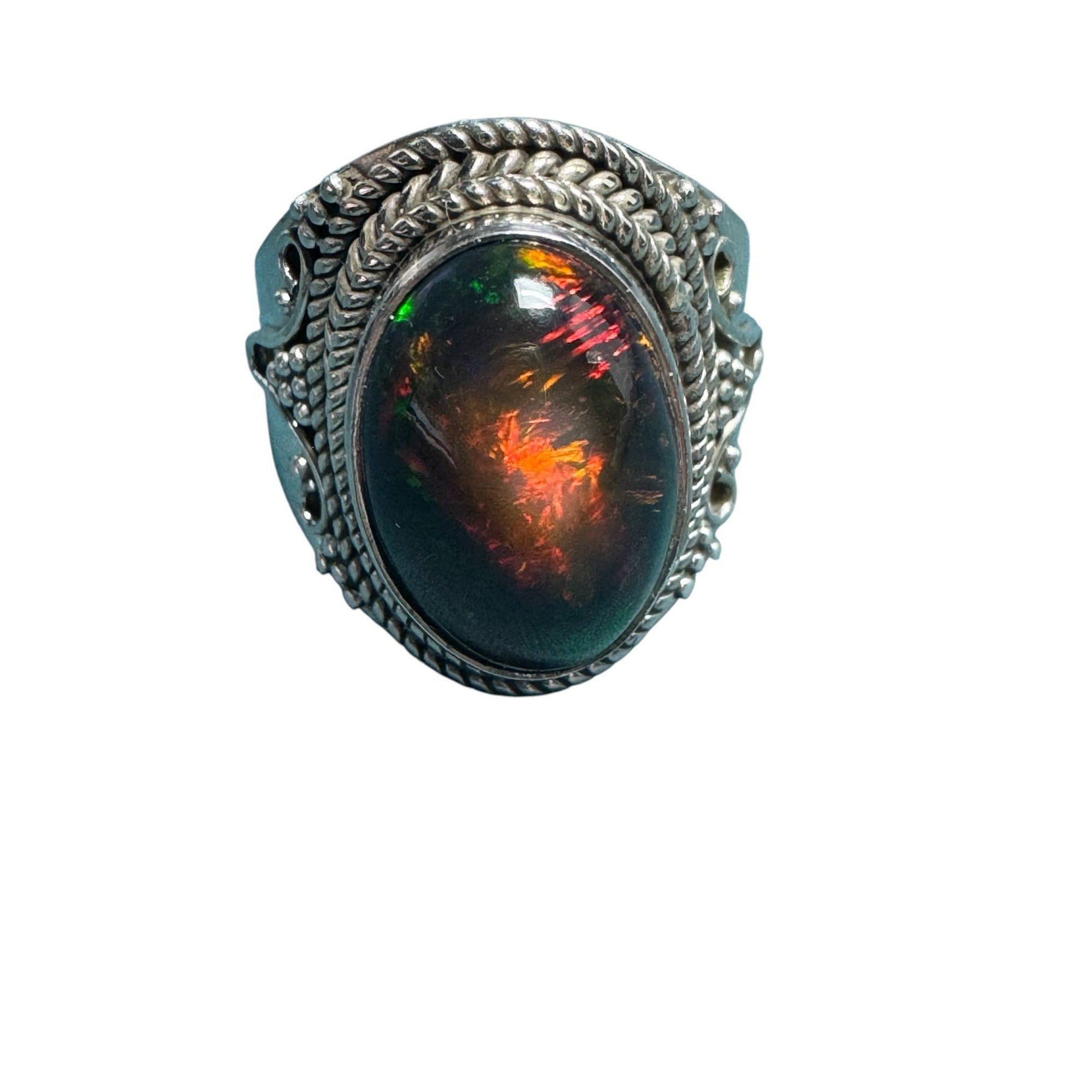 Vintage Sterling Silver Ring With Fiery Opal Gemstone Intricate Detailing Statement Jewelry