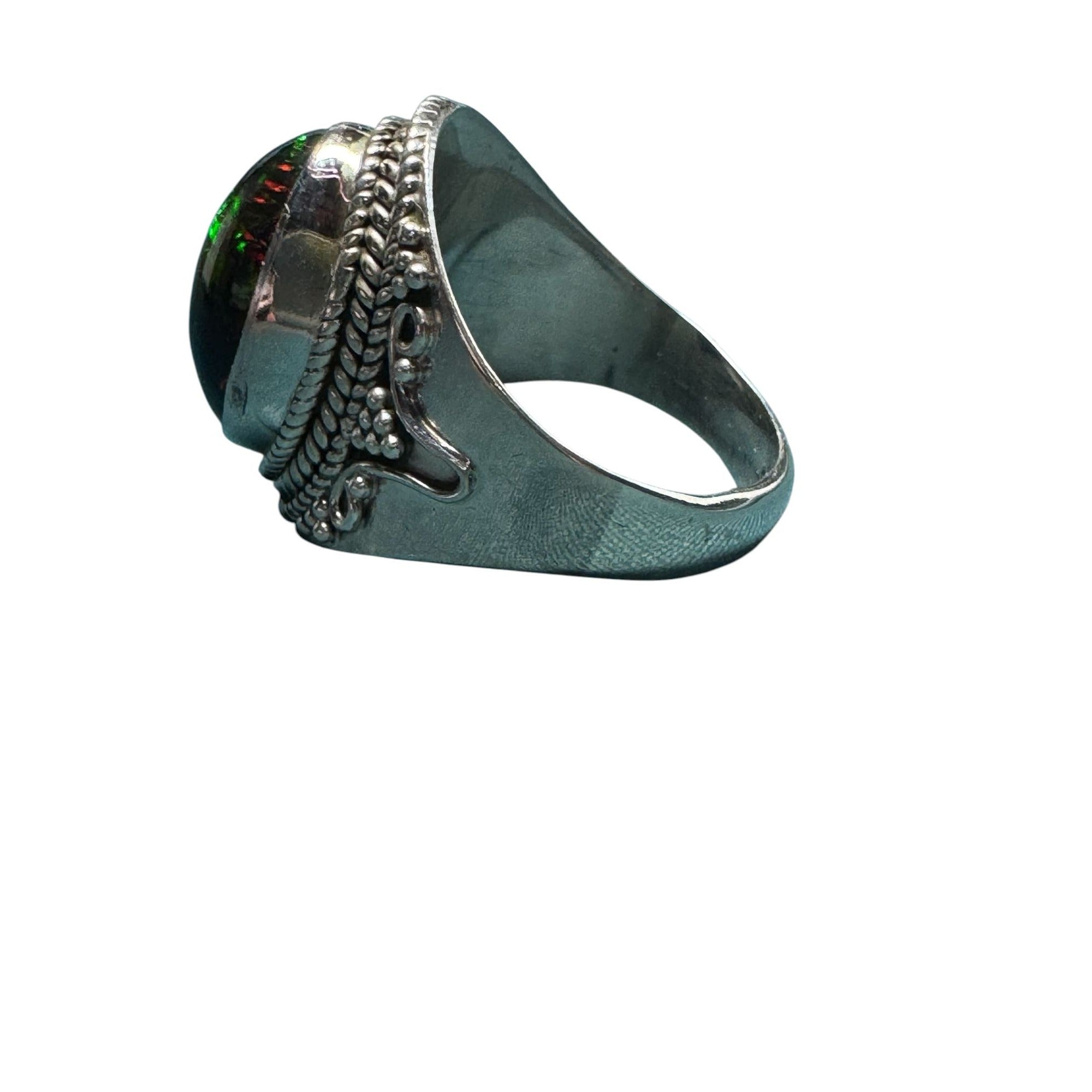 Vintage Sterling Silver Ring With Fiery Opal Gemstone Intricate Detailing Statement Jewelry