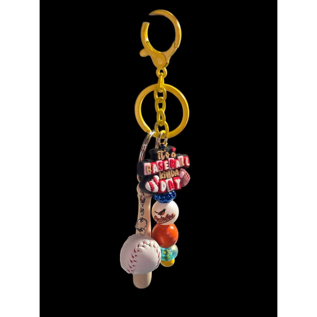 Baltimore Orioles Baseball-Themed Keychain With Mini Bat & Ball "Its A Baseball Kinda Day" Charm Beads & Yellow Clip
