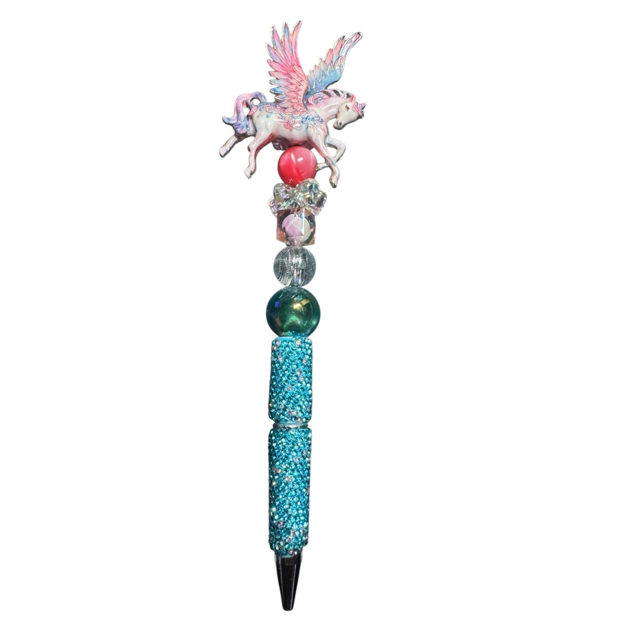 Unicorn Pegasus Themed Beaded Pen With Glitter Handle & Crystal Accents