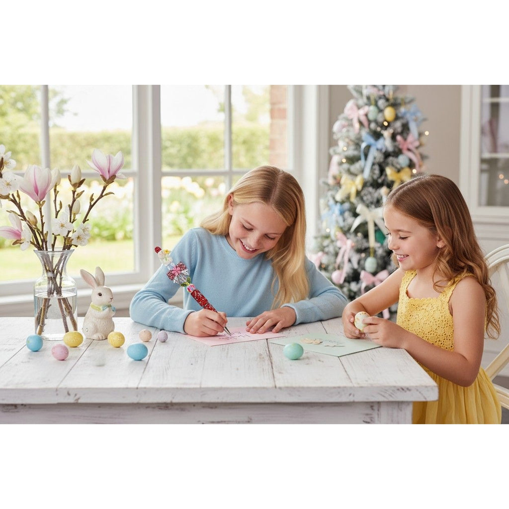 Whimsical Bunny-Themed Crystal Pen With Red Rhinestones Floral Accents & 3D Decorative Details For Writing Or Gifting