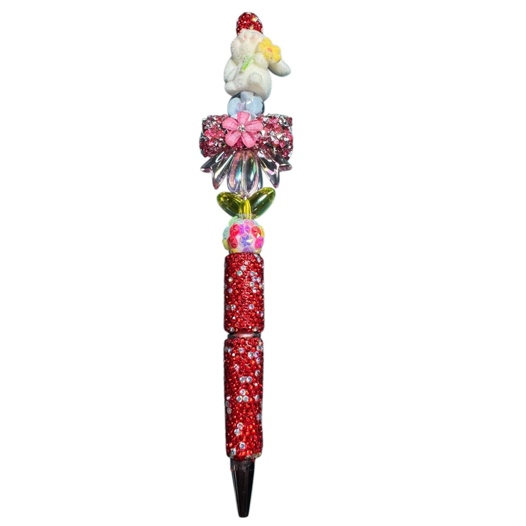 Whimsical Bunny-Themed Crystal Pen With Red Rhinestones Floral Accents & 3D Decorative Details For Writing Or Gifting