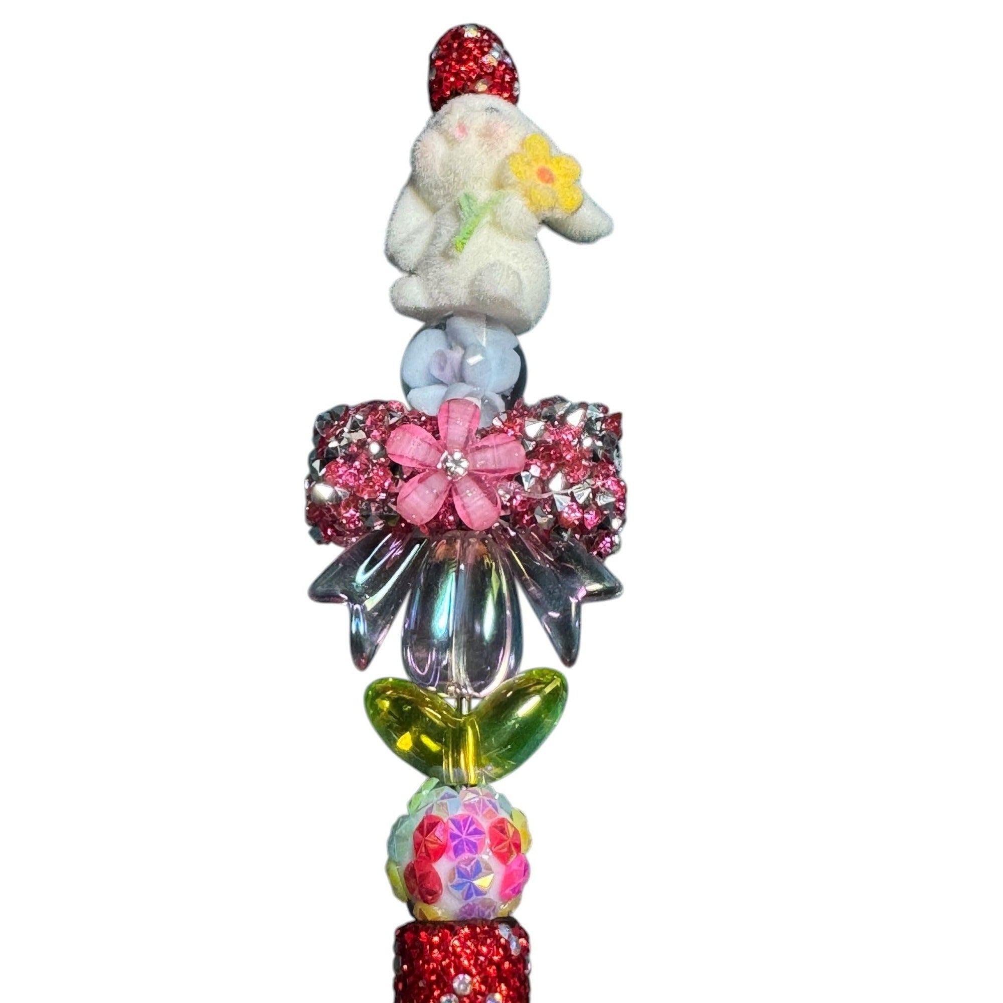 Whimsical Bunny-Themed Crystal Pen With Red Rhinestones Floral Accents & 3D Decorative Details For Writing Or Gifting