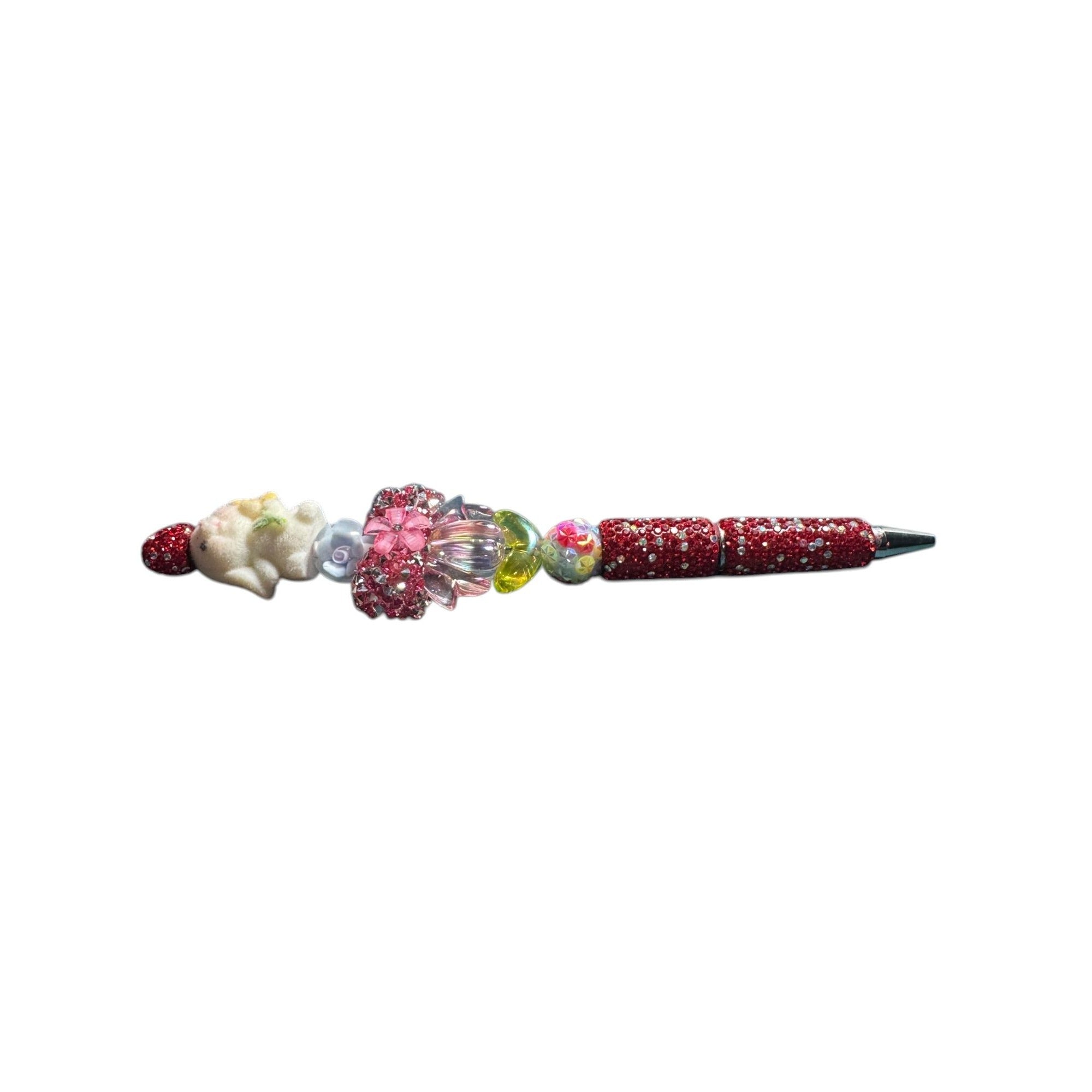 Whimsical Bunny-Themed Crystal Pen With Red Rhinestones Floral Accents & 3D Decorative Details For Writing Or Gifting