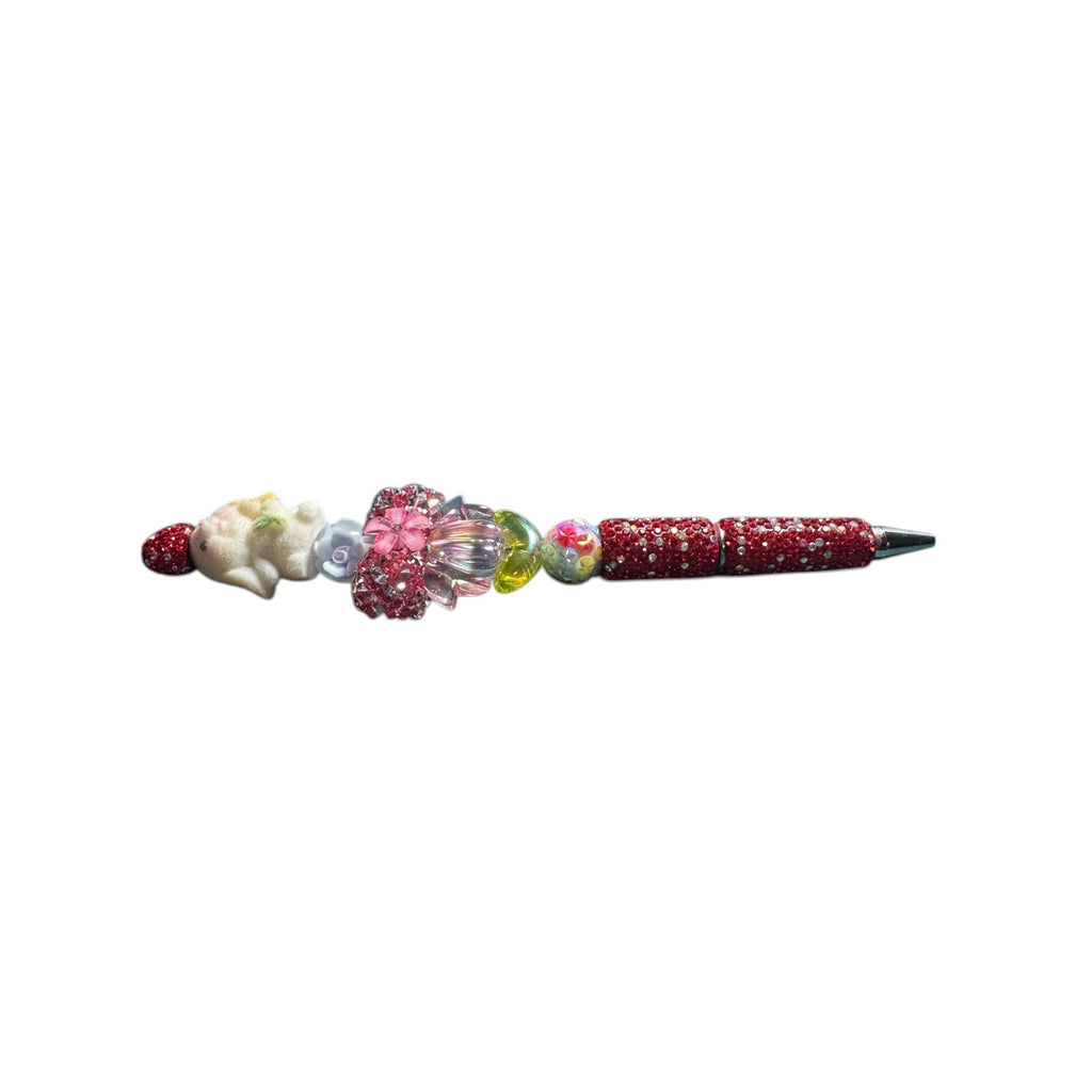 Whimsical Bunny-Themed Crystal Pen With Red Rhinestones Floral Accents & 3D Decorative Details For Writing Or Gifting